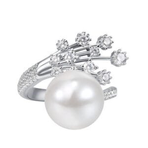 elegant pearl silver ring with sparkling diamonds