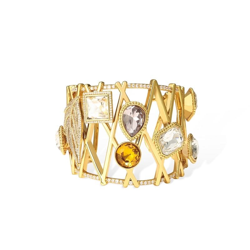 gold cuff bracelet with colorful gemstones