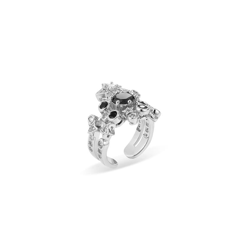 silver ring with black gemstone