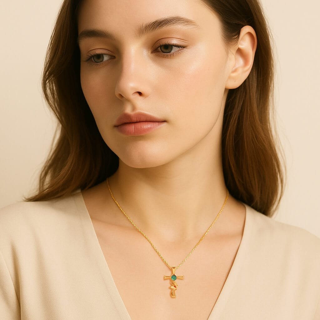 model wearing gold cross necklace