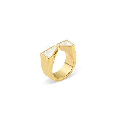 gold geometric ring with white stone